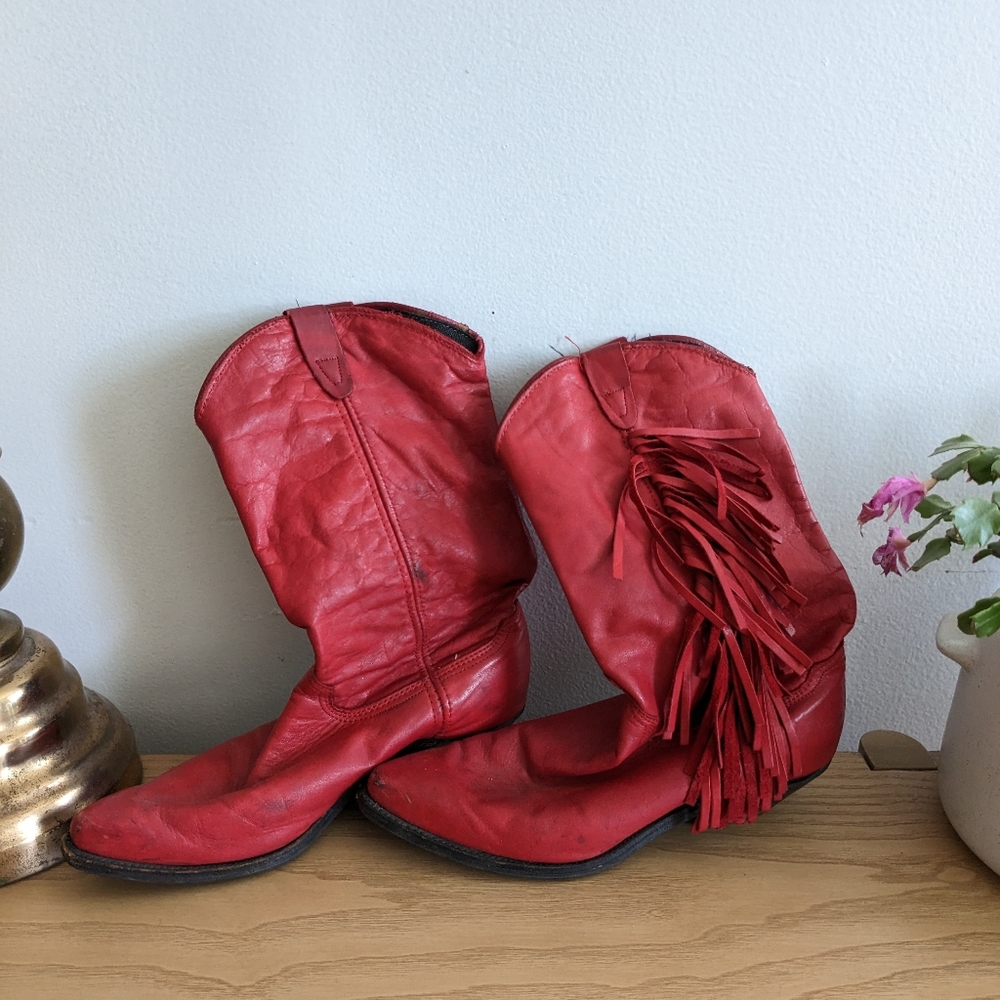 red leather fringe cowboy boots